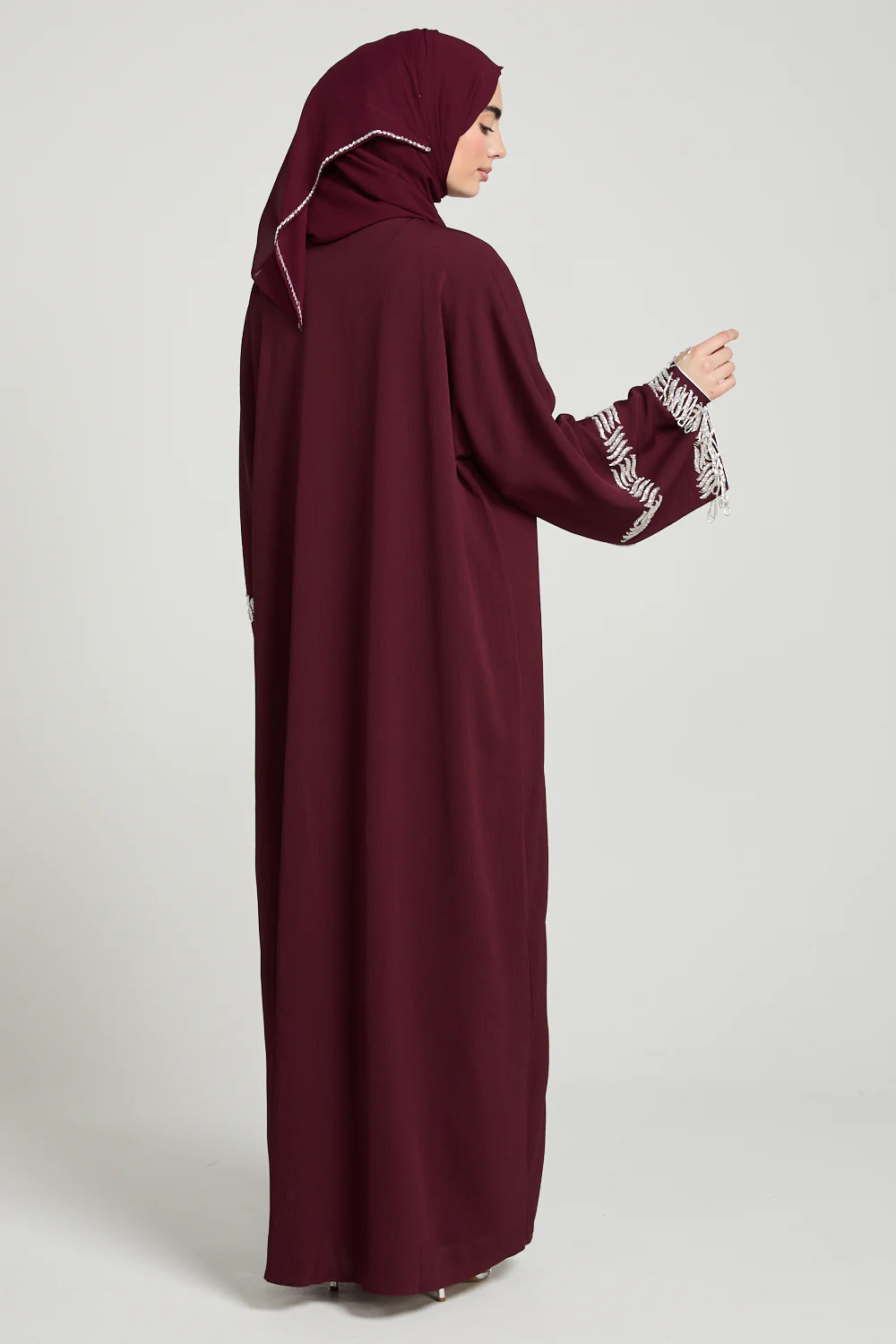 Premium Textured Regal Tassel Embellished Cuff Open Abaya - Rouge Noir - Image 8