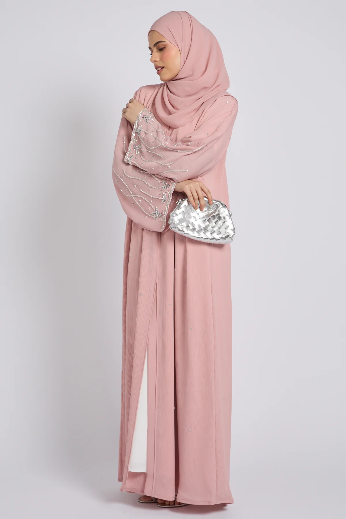 Premium Textured Starlight Embellished Open Abaya - Dusty Rose