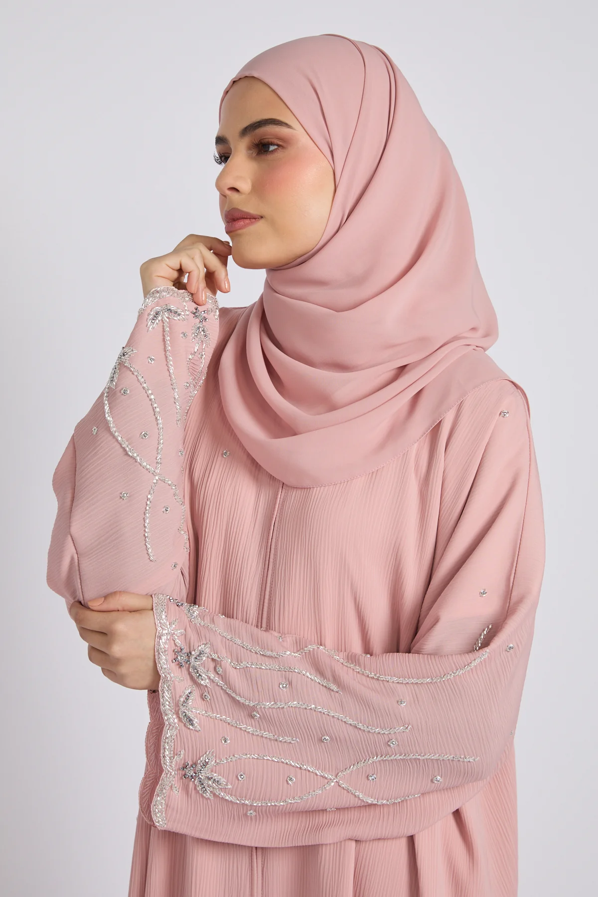 Premium Textured Starlight Embellished Open Abaya - Dusty Rose - Image 2