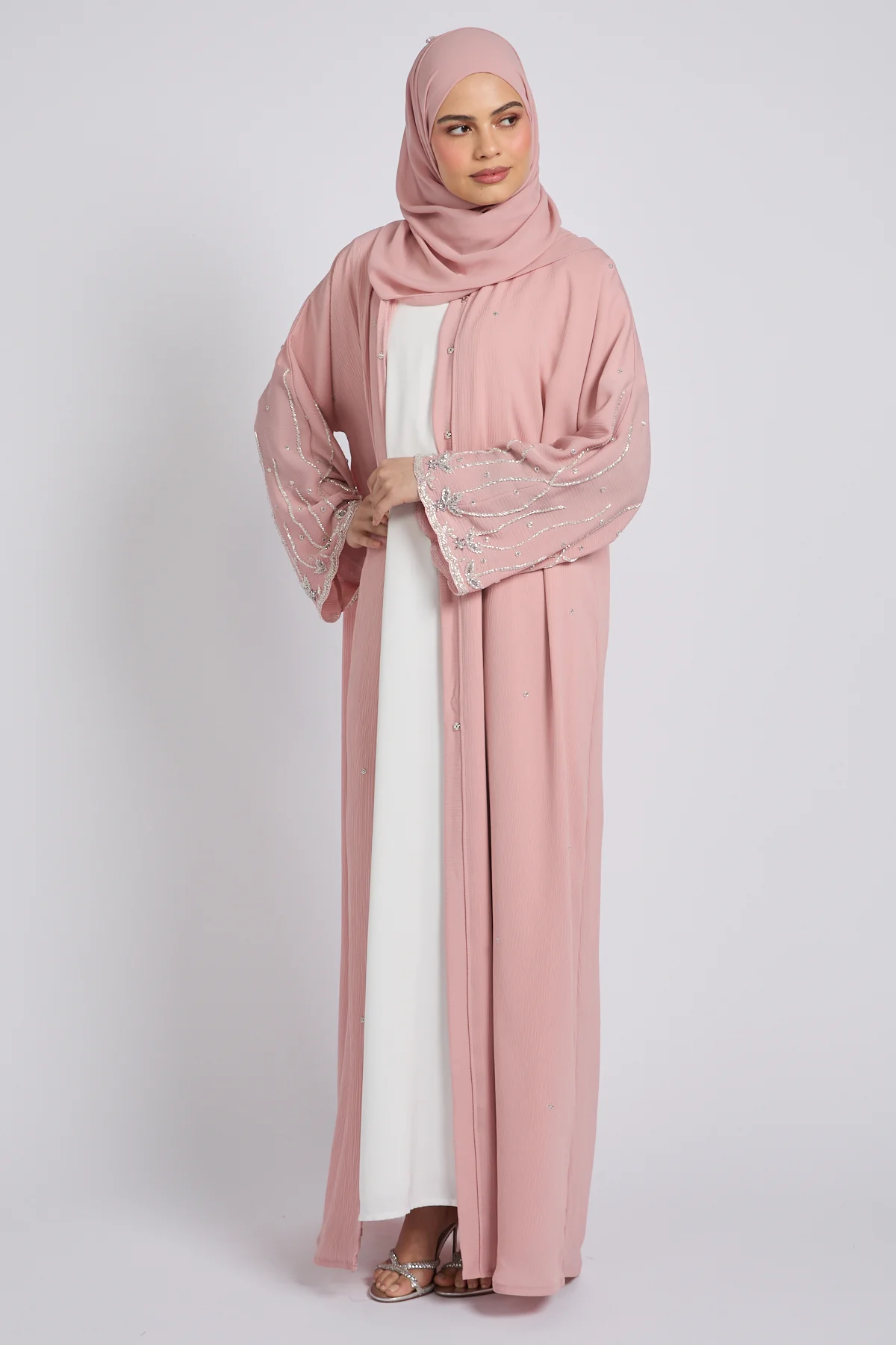 Premium Textured Starlight Embellished Open Abaya - Dusty Rose - Image 3