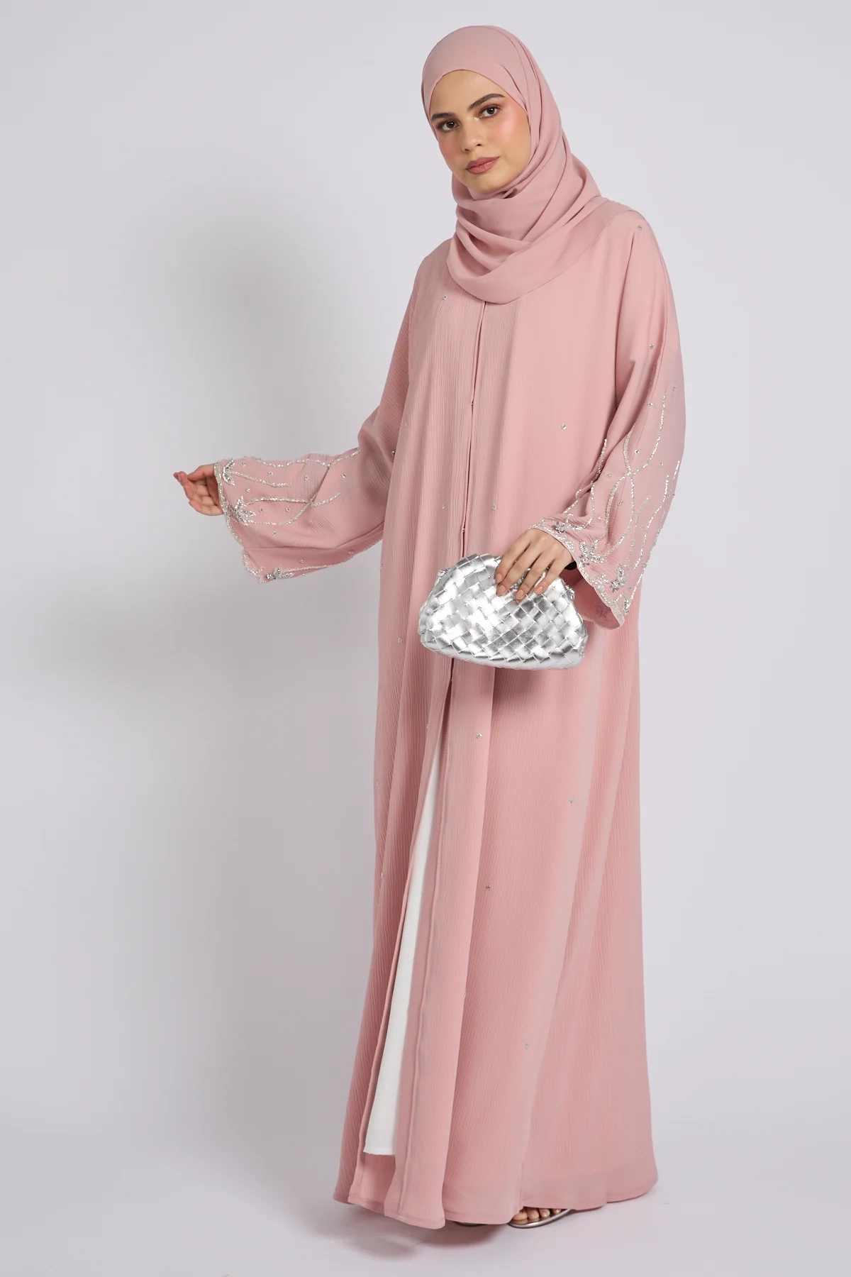 Premium Textured Starlight Embellished Open Abaya - Dusty Rose - Image 4