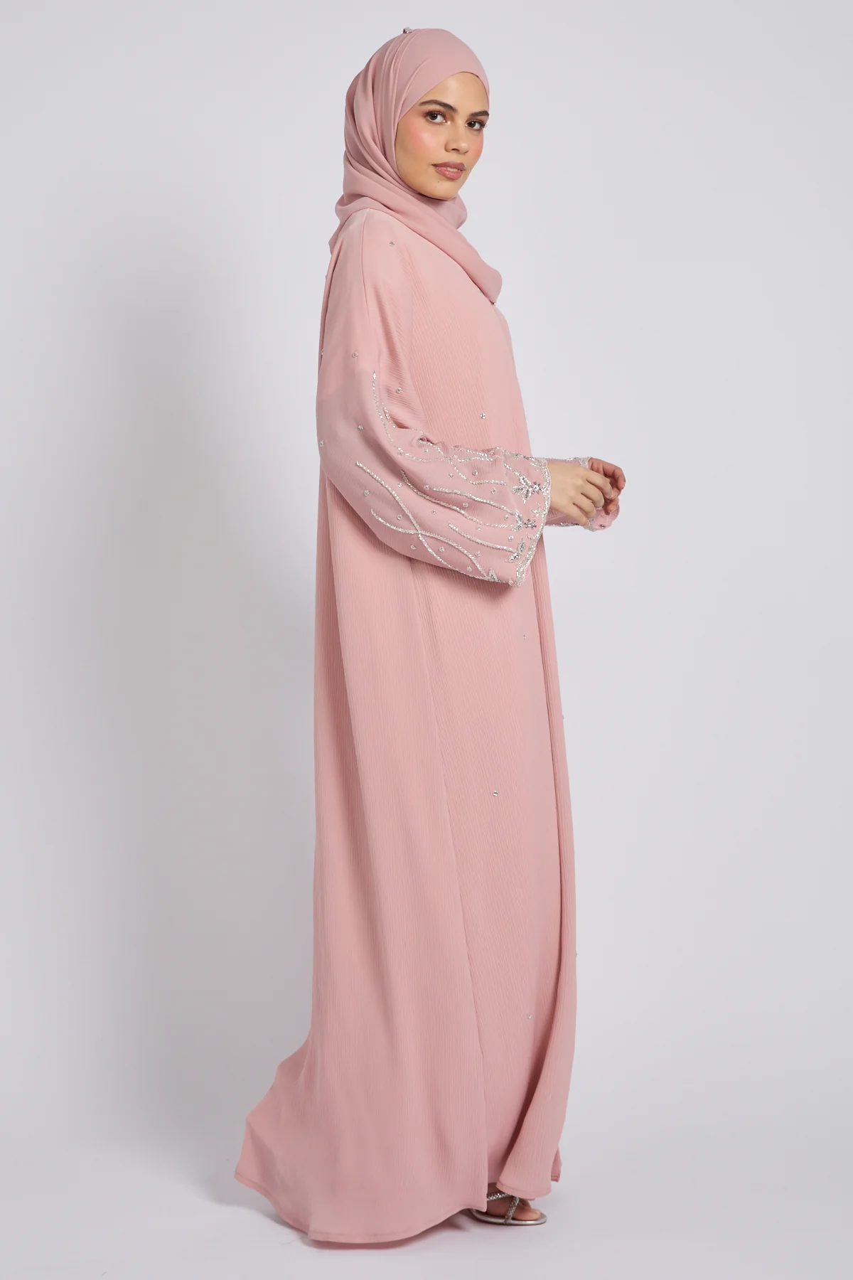 Premium Textured Starlight Embellished Open Abaya - Dusty Rose - Image 5