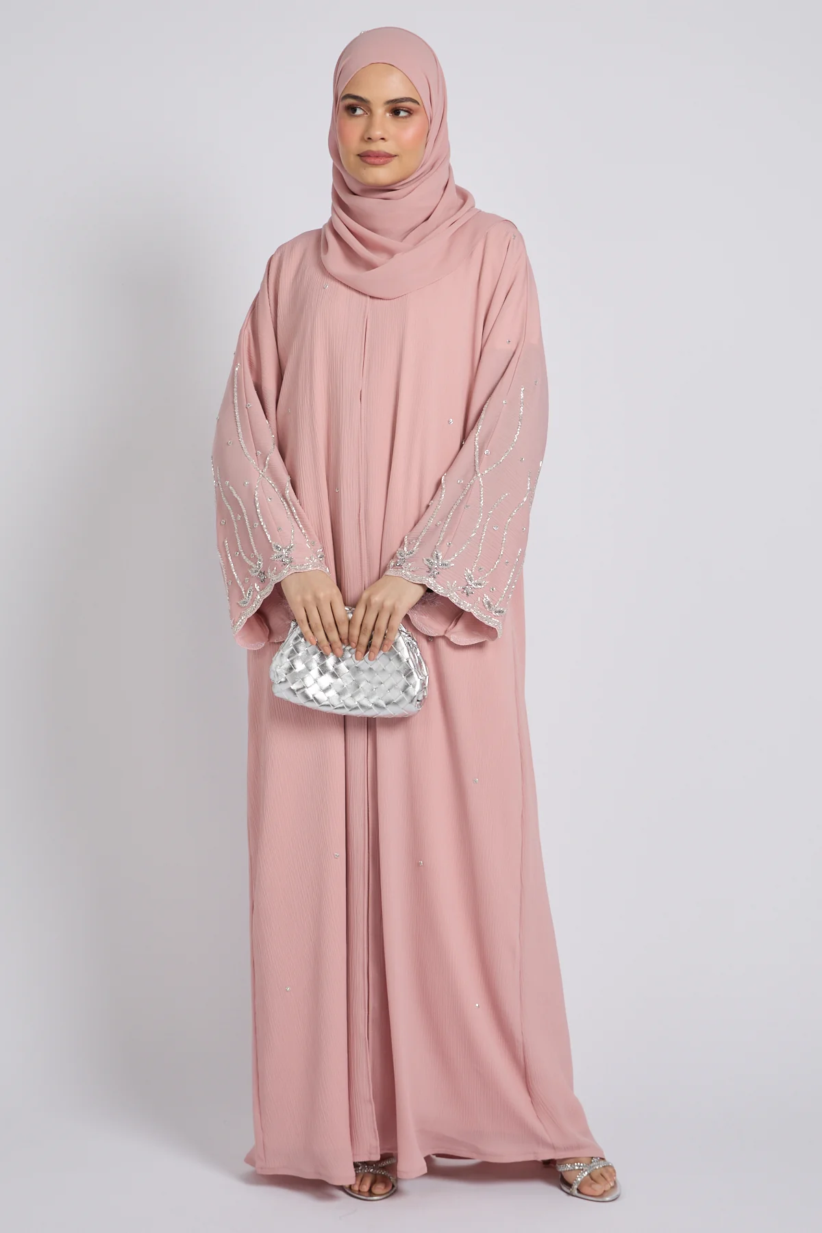 Premium Textured Starlight Embellished Open Abaya - Dusty Rose - Image 6
