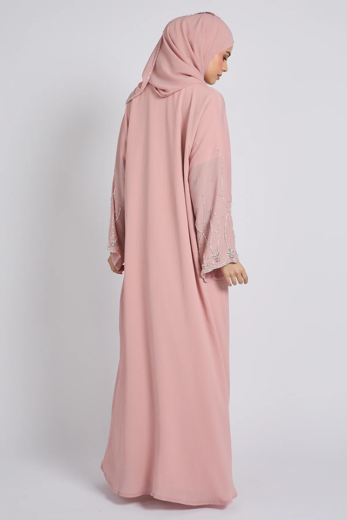 Premium Textured Starlight Embellished Open Abaya - Dusty Rose - Image 7