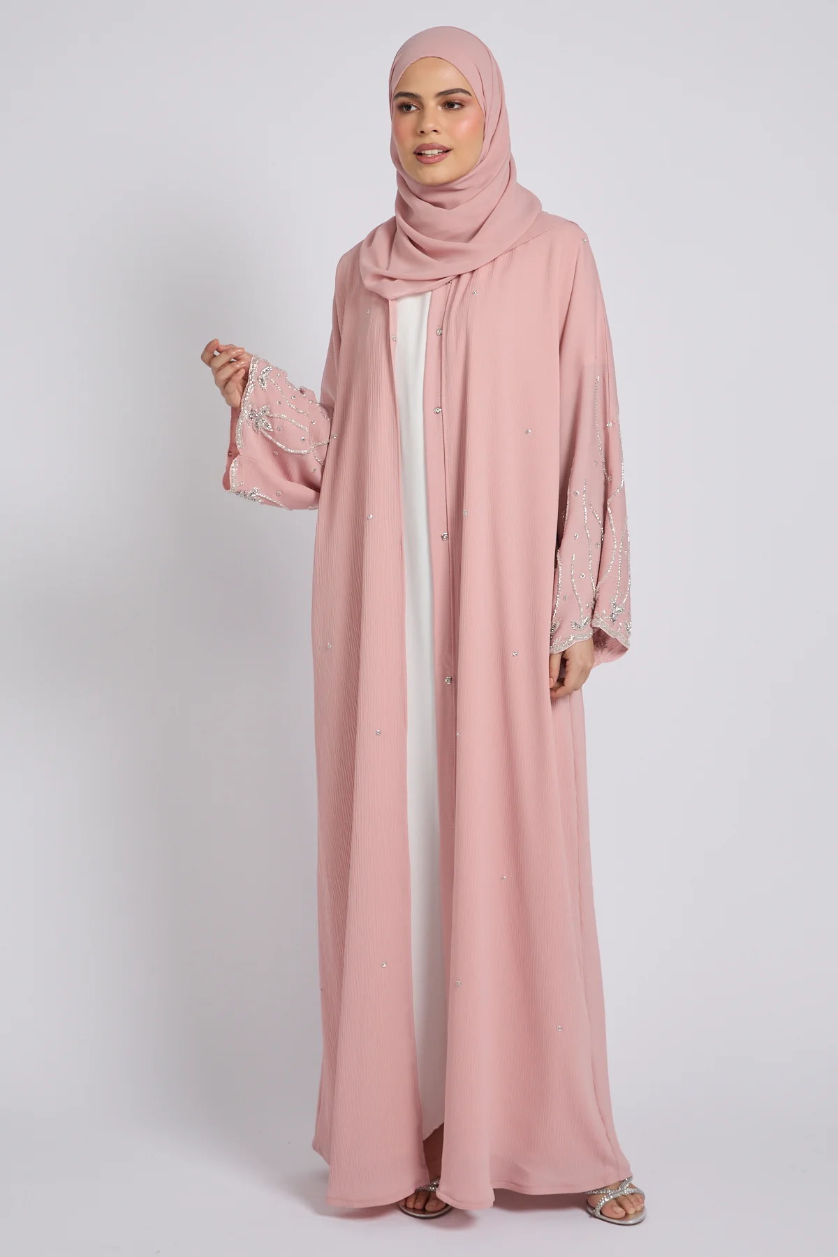 Premium Textured Starlight Embellished Open Abaya - Dusty Rose - Image 8