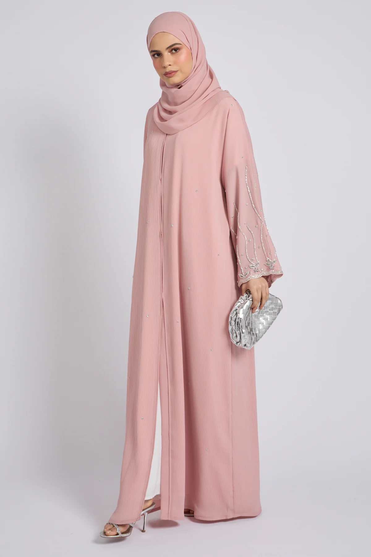 Premium Textured Starlight Embellished Open Abaya - Dusty Rose - Image 9