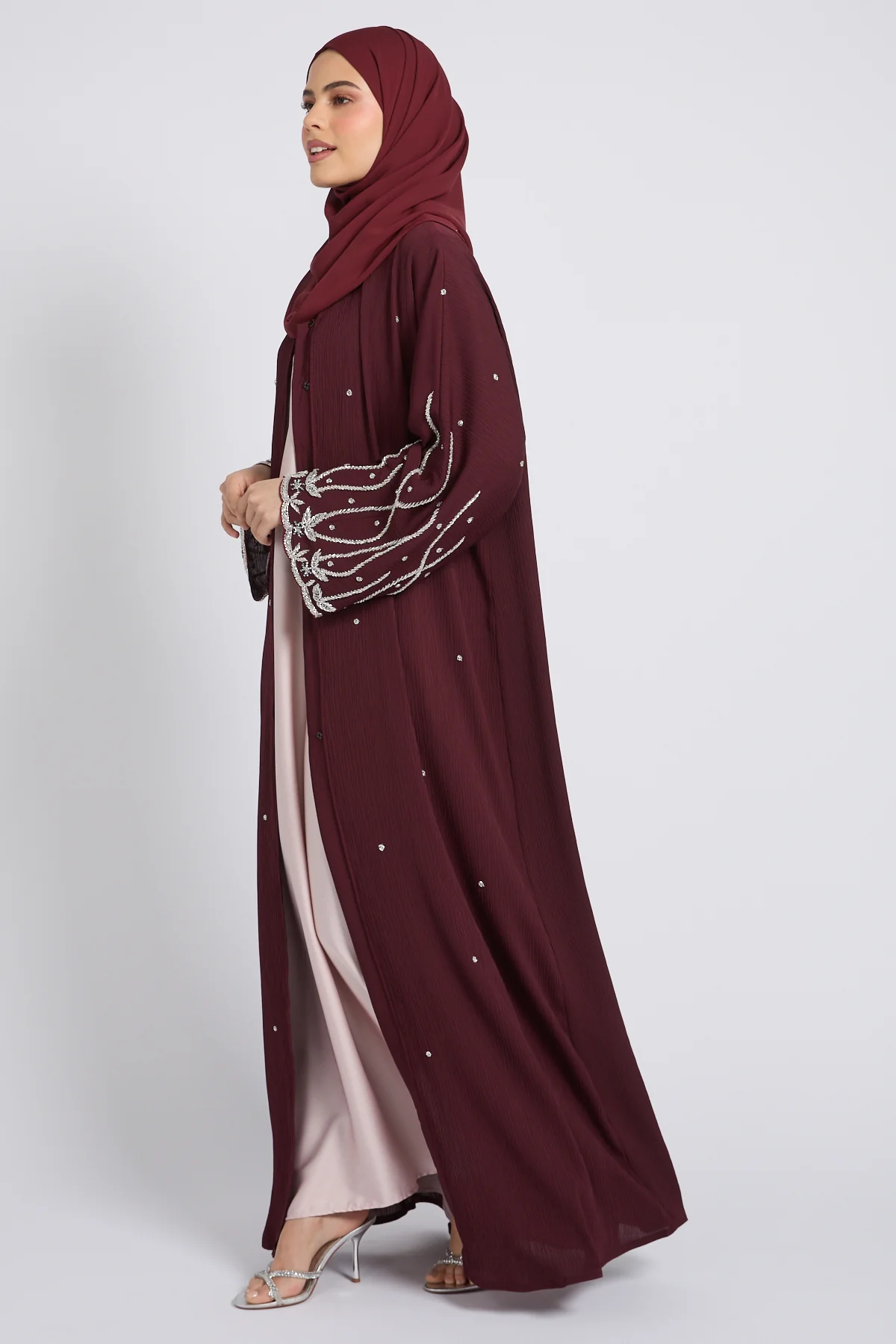 Premium Textured Starlight Embellished Open Abaya - Royal Burgundy - Image 3