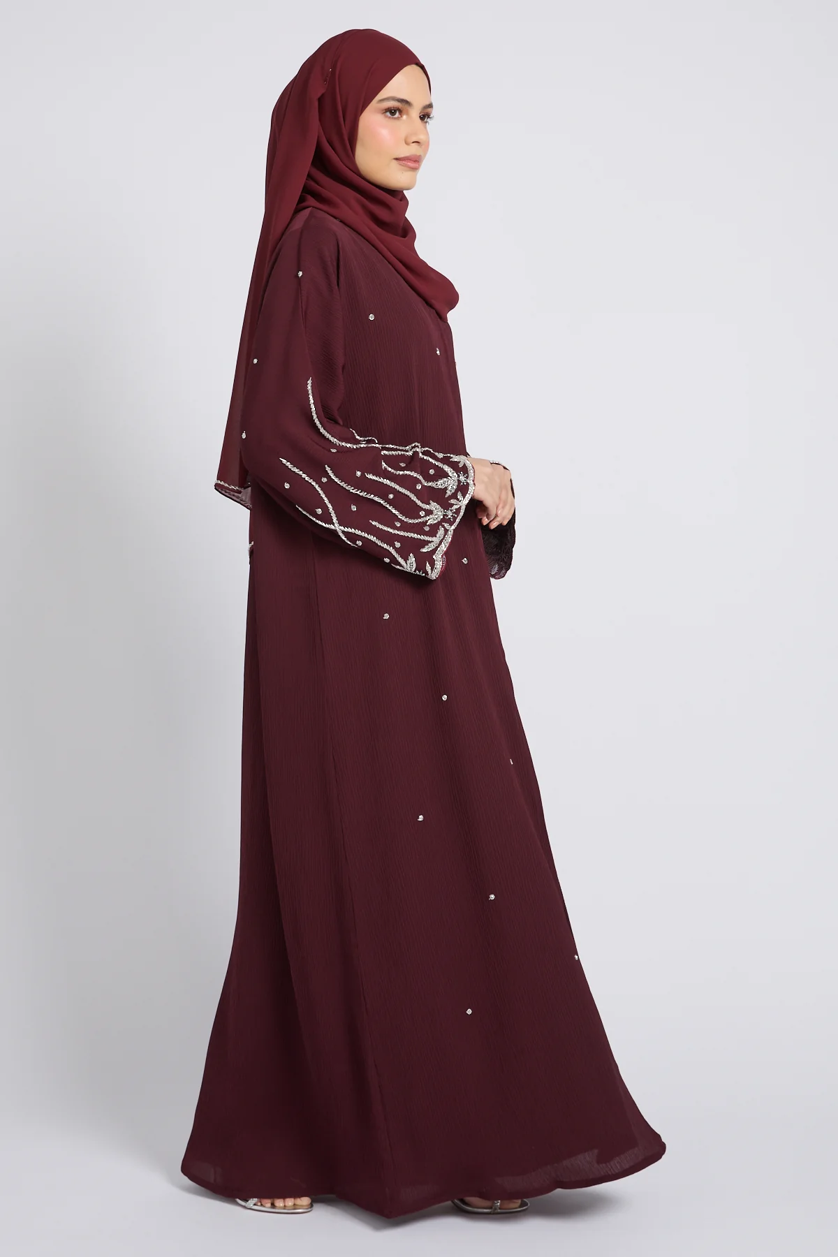 Premium Textured Starlight Embellished Open Abaya - Royal Burgundy - Image 8