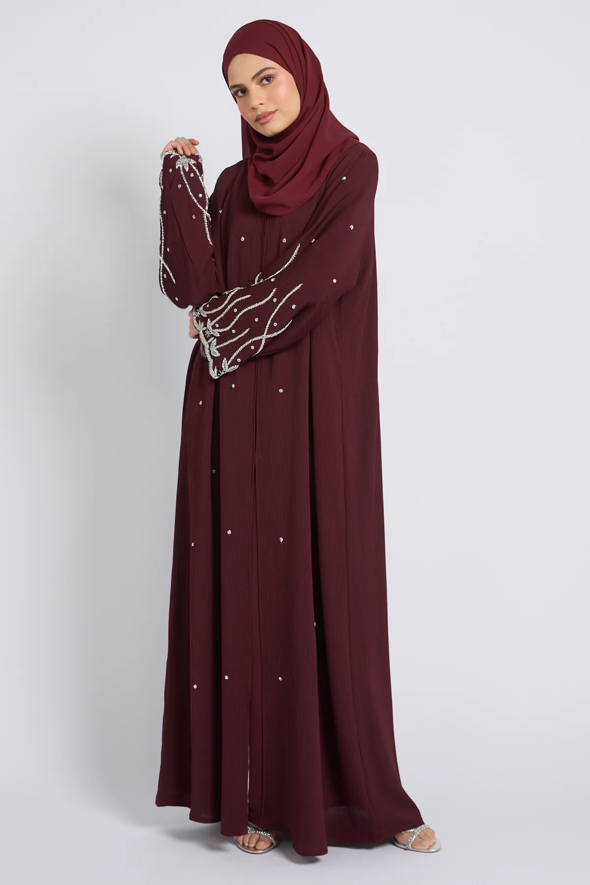 Premium Textured Starlight Embellished Open Abaya - Royal Burgundy - Image 9