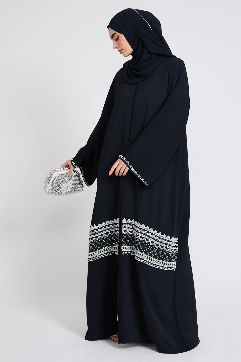 Premium Textured Timeless Grace Embellished Open Abaya - Navy - Image 3