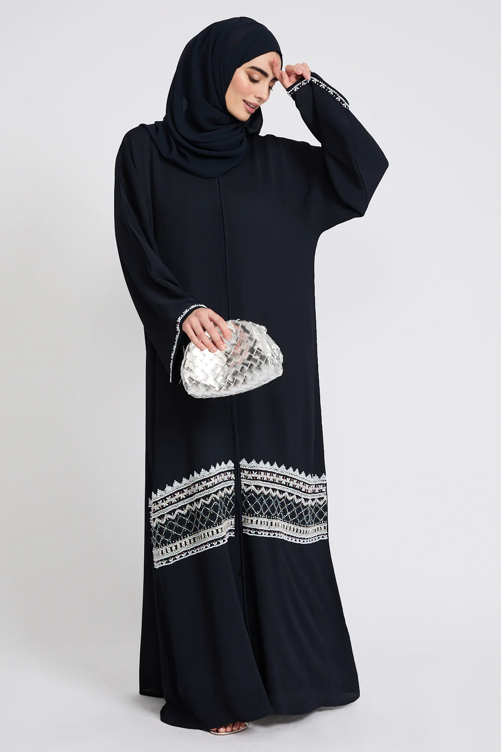 Premium Textured Timeless Grace Embellished Open Abaya - Navy - Image 4