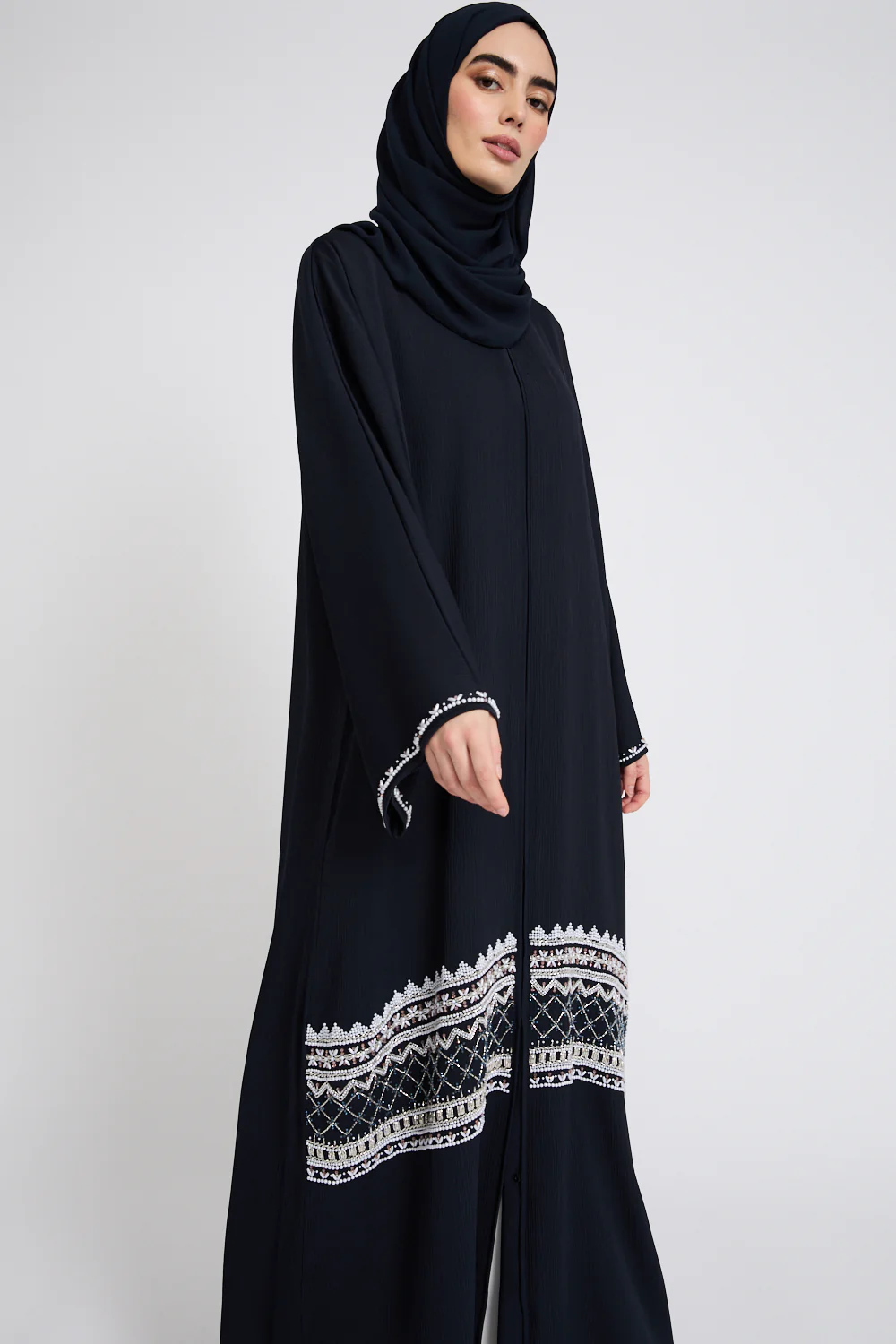 Premium Textured Timeless Grace Embellished Open Abaya - Navy - Image 5
