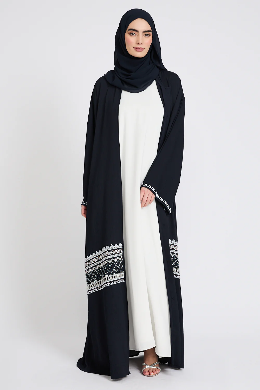 Premium Textured Timeless Grace Embellished Open Abaya - Navy - Image 6