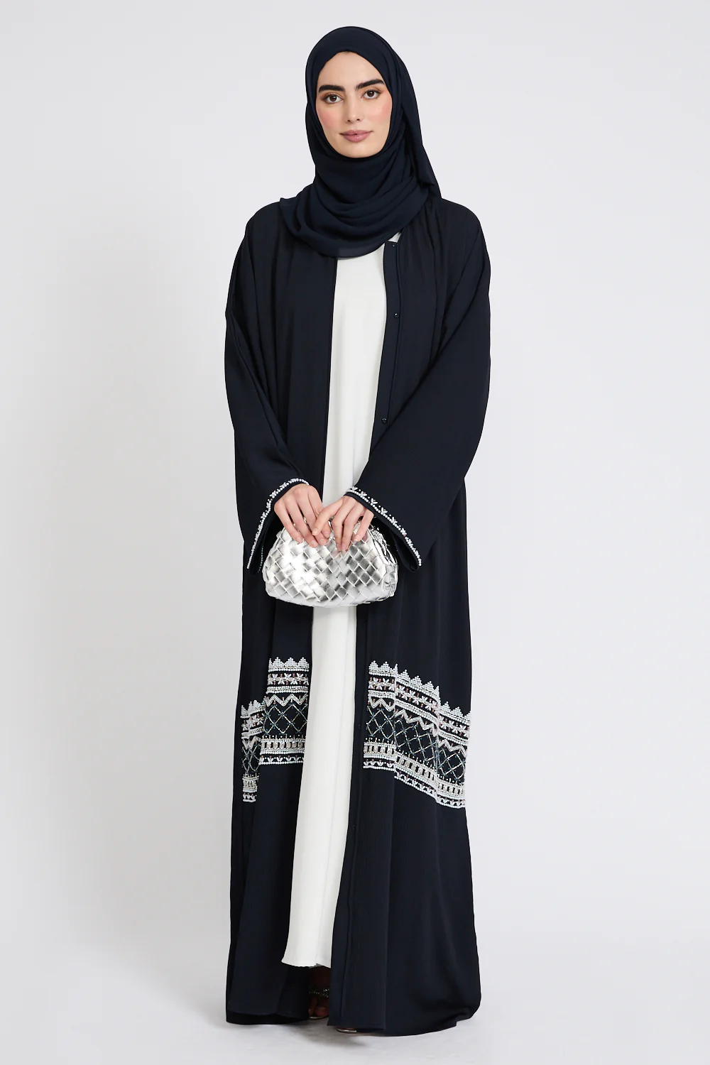 Premium Textured Timeless Grace Embellished Open Abaya - Navy - Image 7