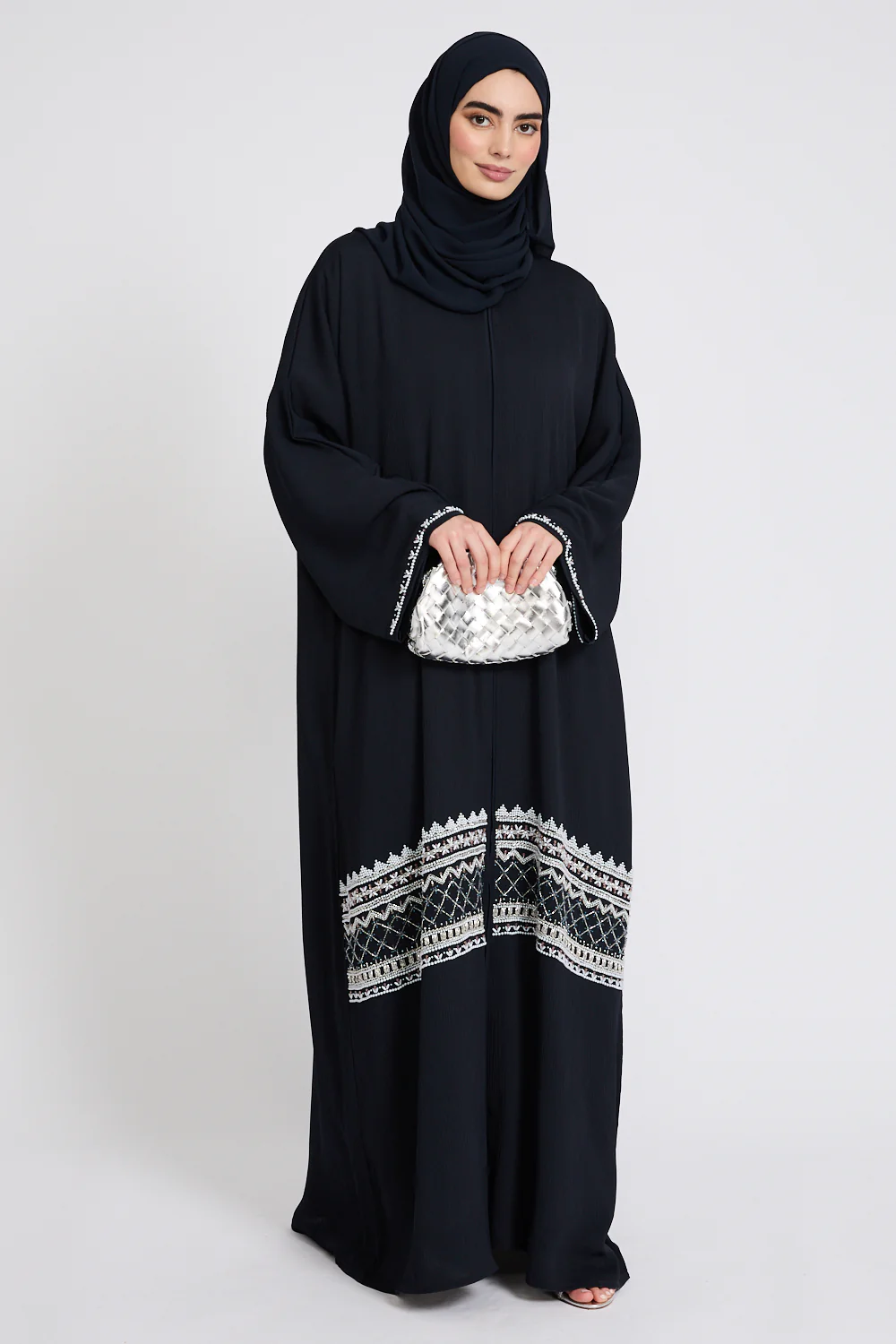 Premium Textured Timeless Grace Embellished Open Abaya - Navy - Image 8