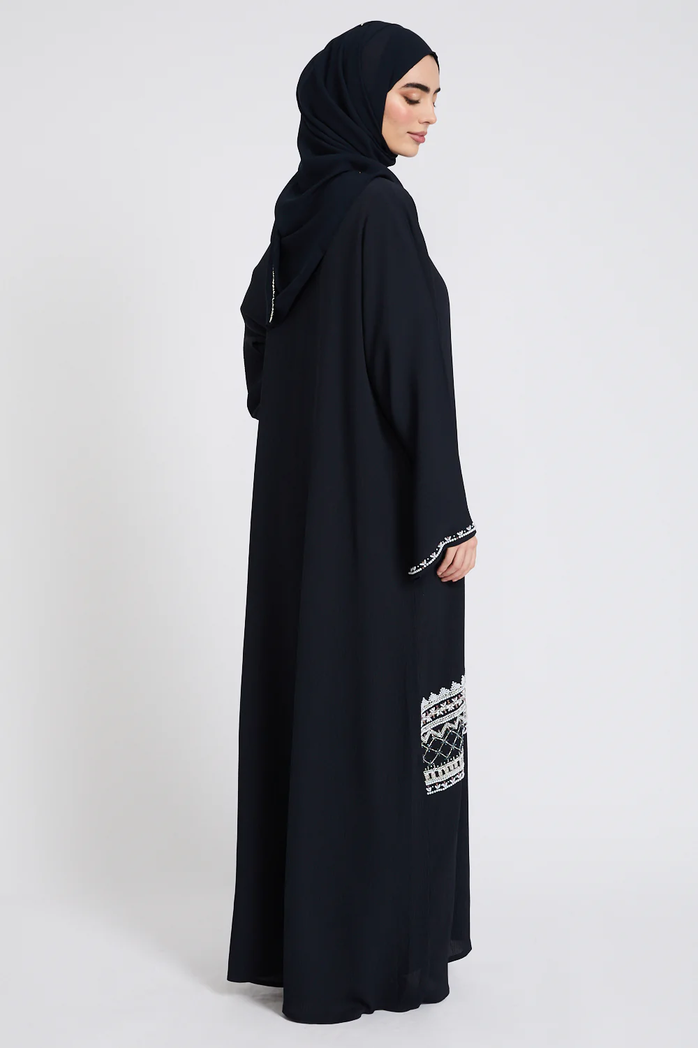 Premium Textured Timeless Grace Embellished Open Abaya - Navy - Image 9