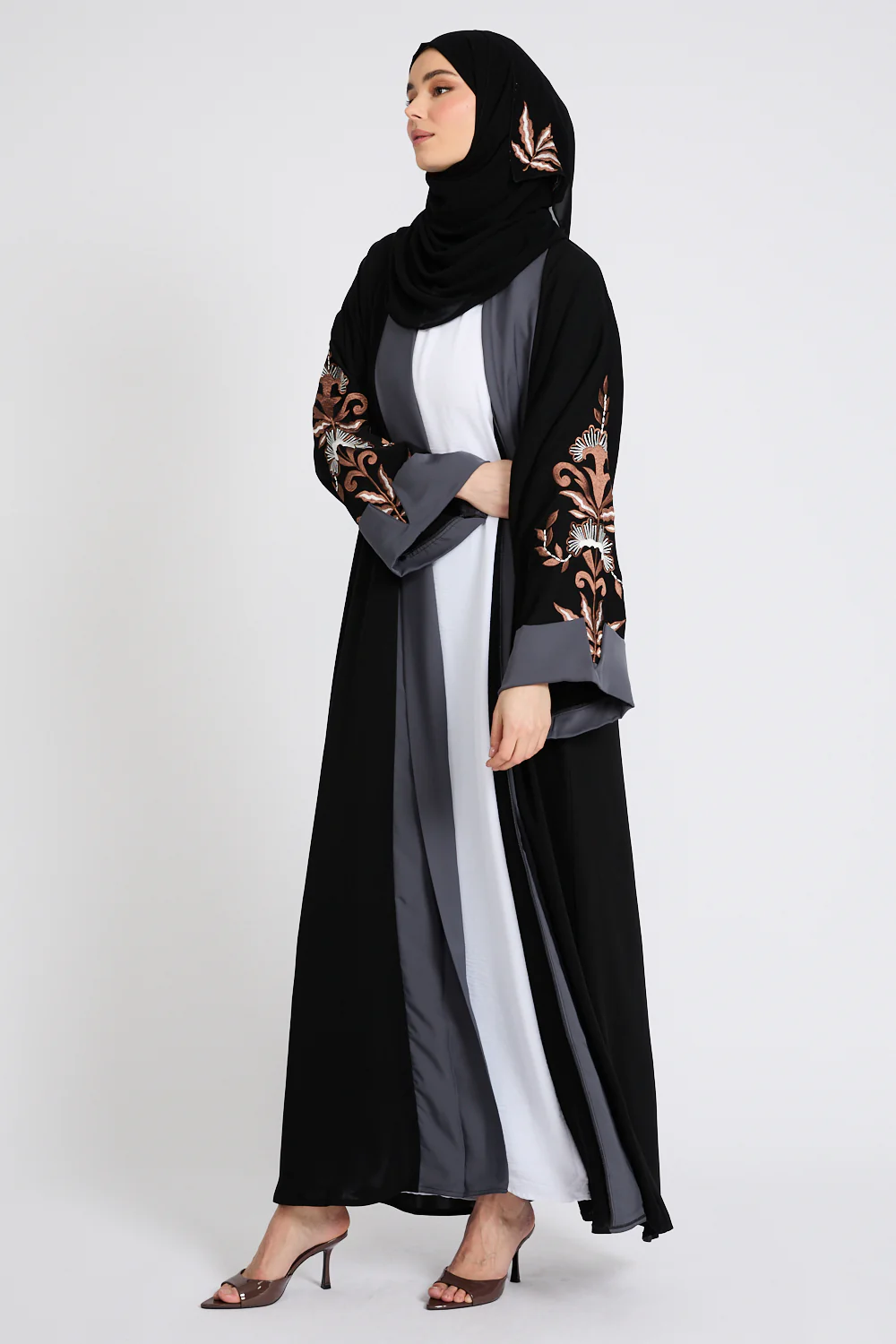 Premium Three Piece Motif Embroidered Open Abaya Set