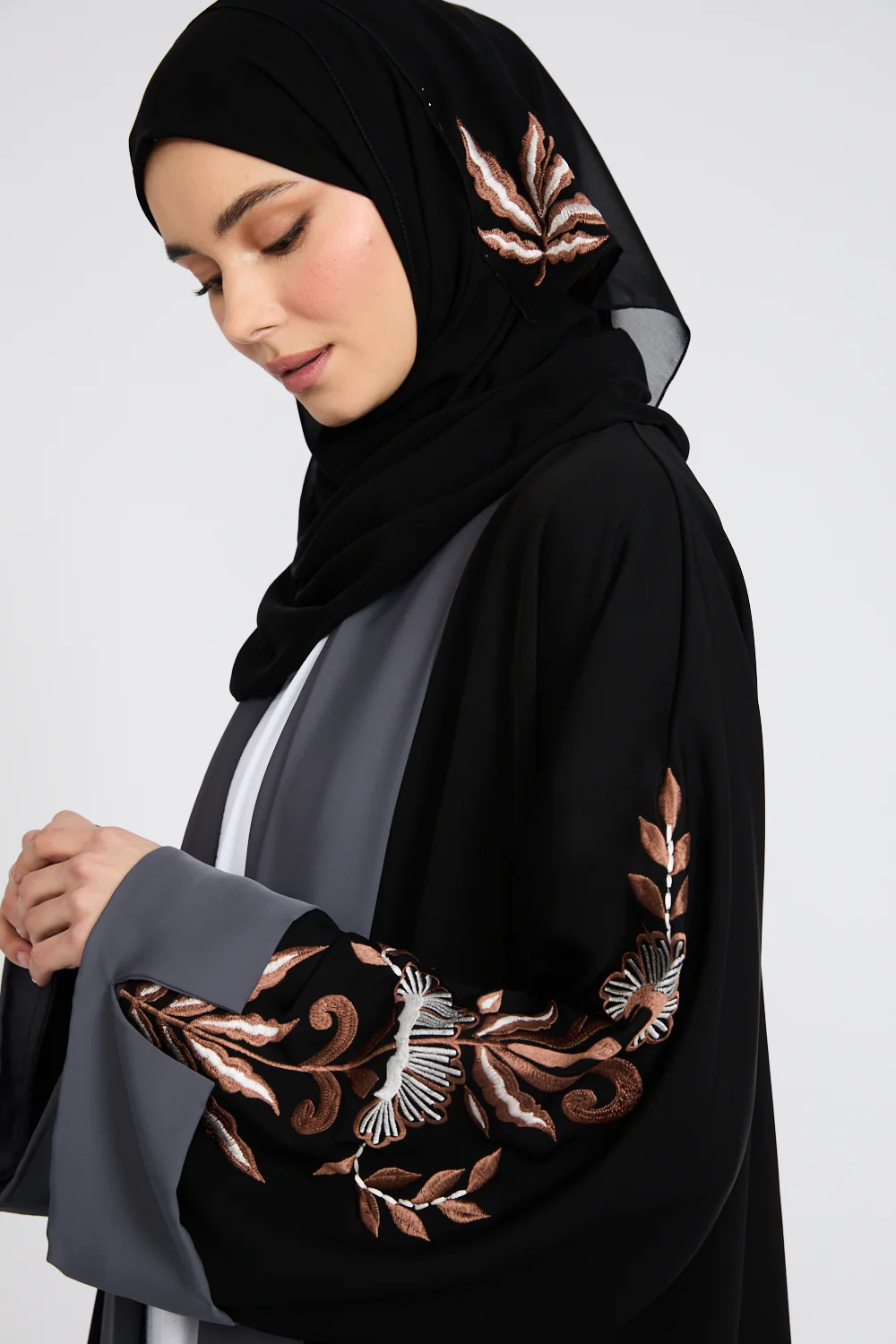 Premium Three Piece Motif Embroidered Open Abaya Set - Image 2