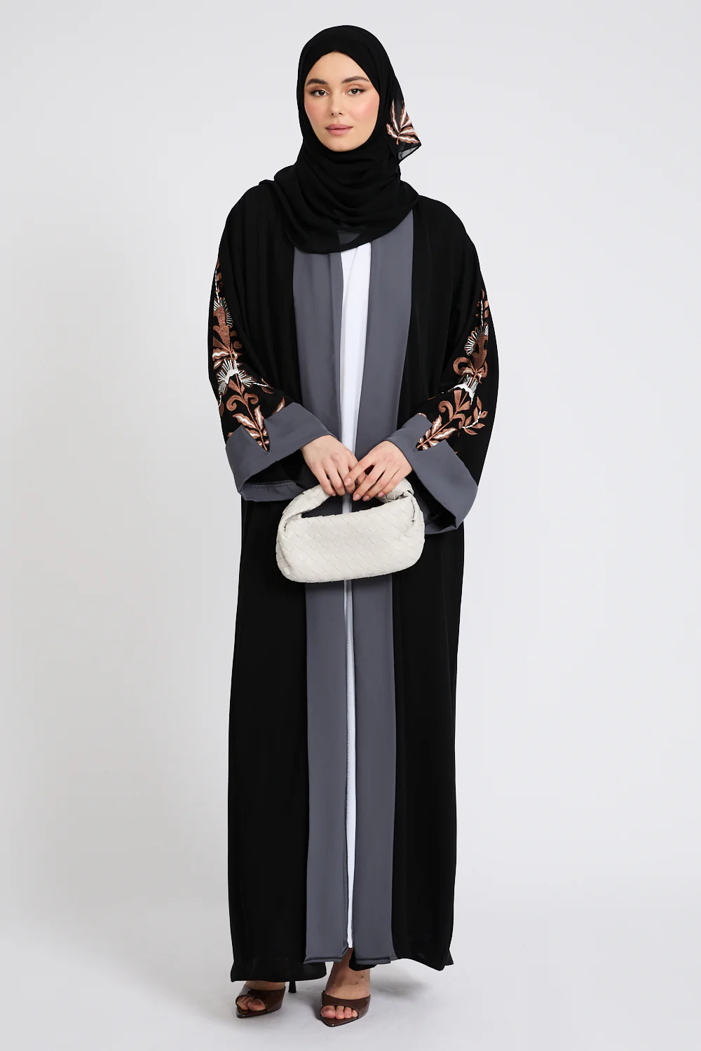 Premium Three Piece Motif Embroidered Open Abaya Set - Image 3
