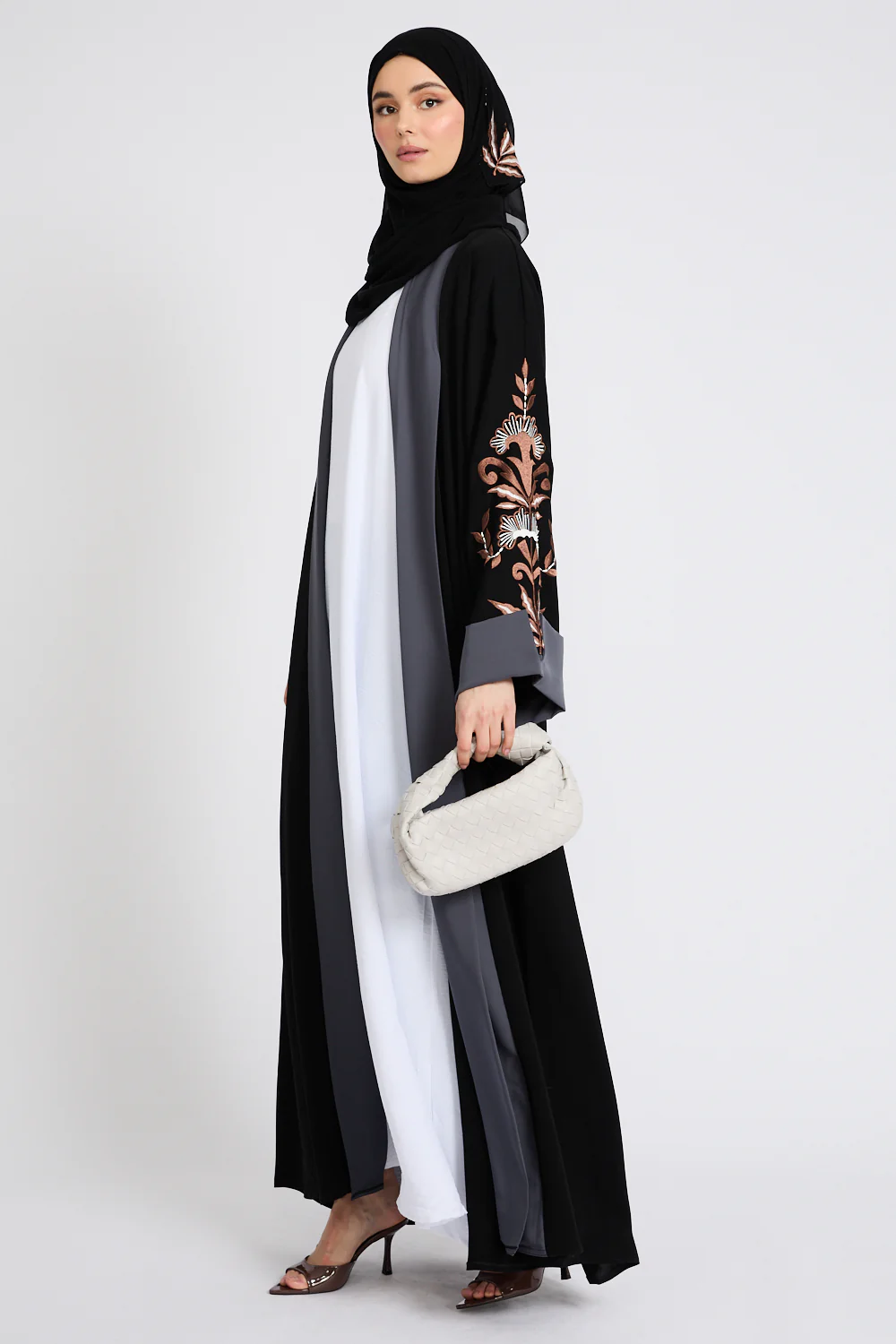 Premium Three Piece Motif Embroidered Open Abaya Set - Image 4