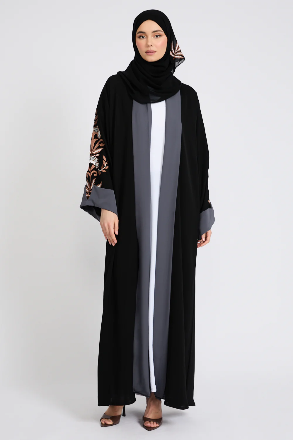 Premium Three Piece Motif Embroidered Open Abaya Set - Image 5