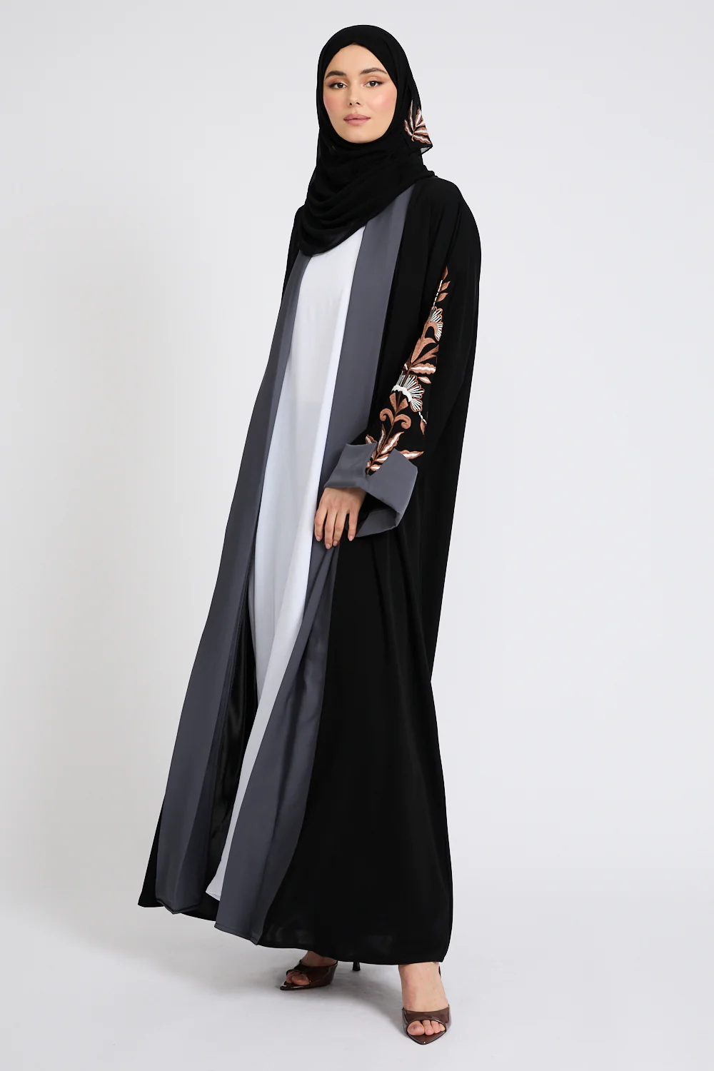 Premium Three Piece Motif Embroidered Open Abaya Set - Image 6
