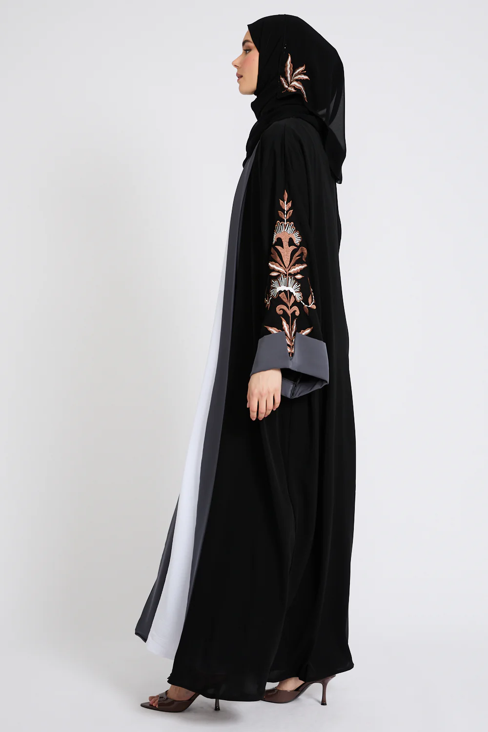 Premium Three Piece Motif Embroidered Open Abaya Set - Image 7