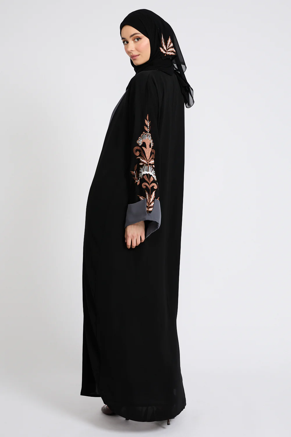 Premium Three Piece Motif Embroidered Open Abaya Set - Image 8