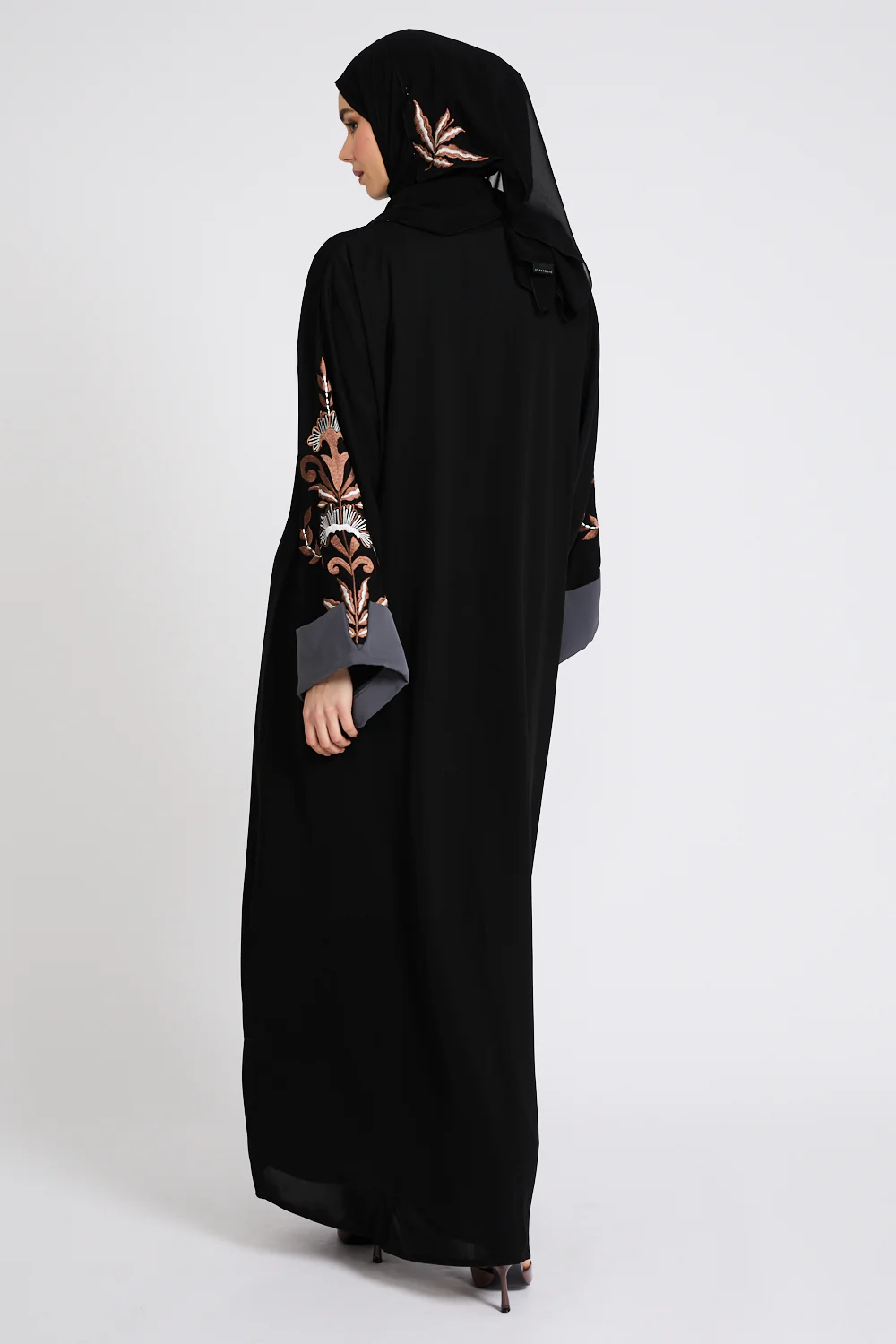 Premium Three Piece Motif Embroidered Open Abaya Set - Image 9