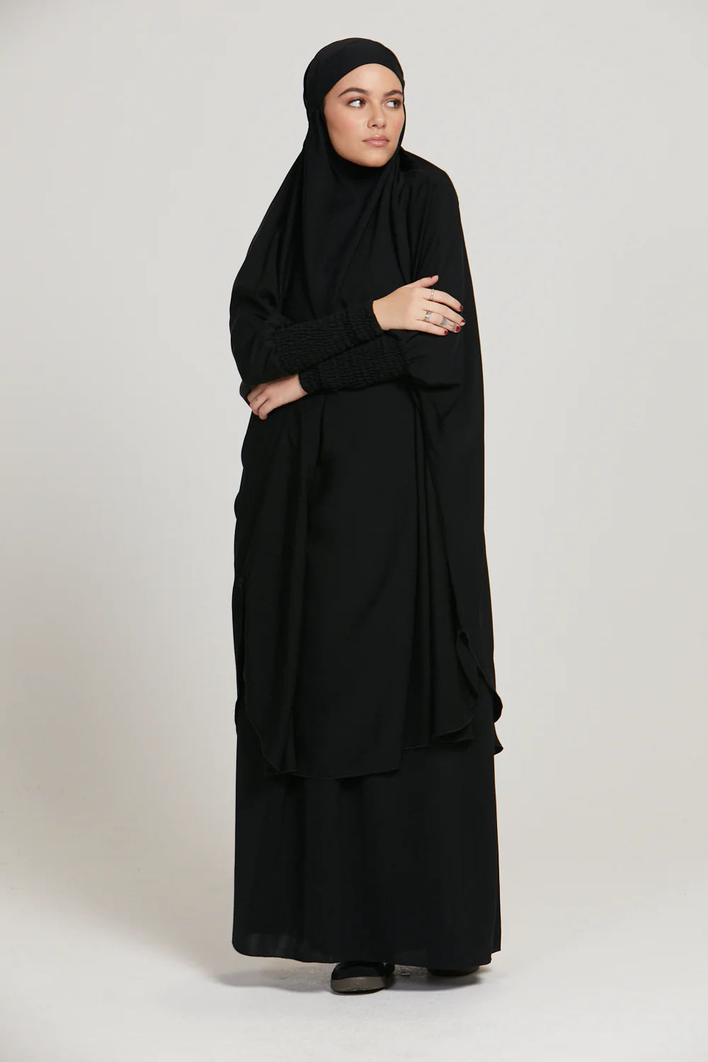 Premium Two Piece Jilbab/ Prayer Set With Pockets - Black - Image 5