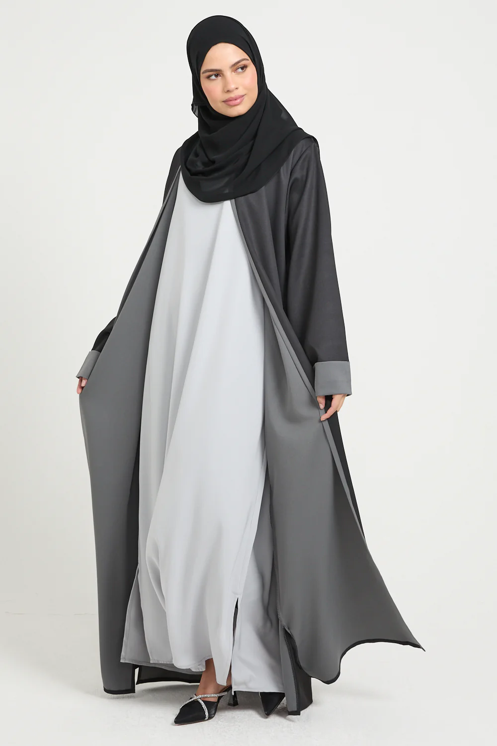 Premium Two Tone Open Abaya - Black and Grey