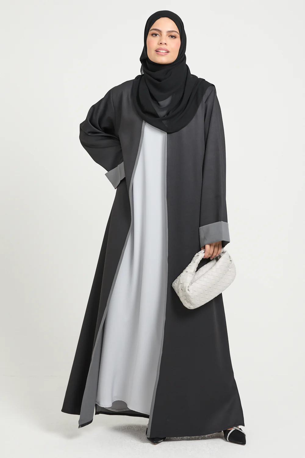 Premium Two Tone Open Abaya - Black and Grey - Image 2