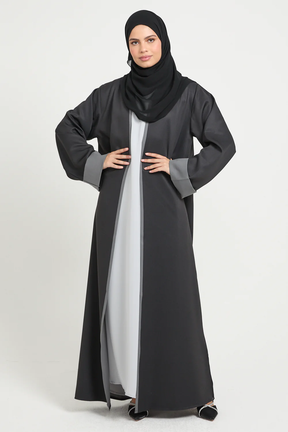 Premium Two Tone Open Abaya - Black and Grey - Image 7