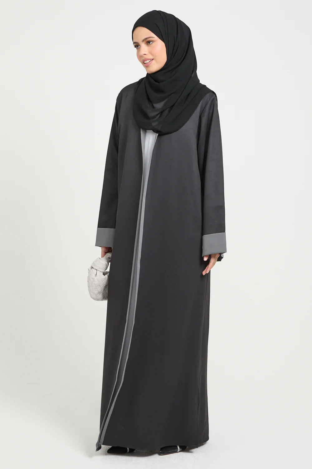 Premium Two Tone Open Abaya - Black and Grey - Image 8
