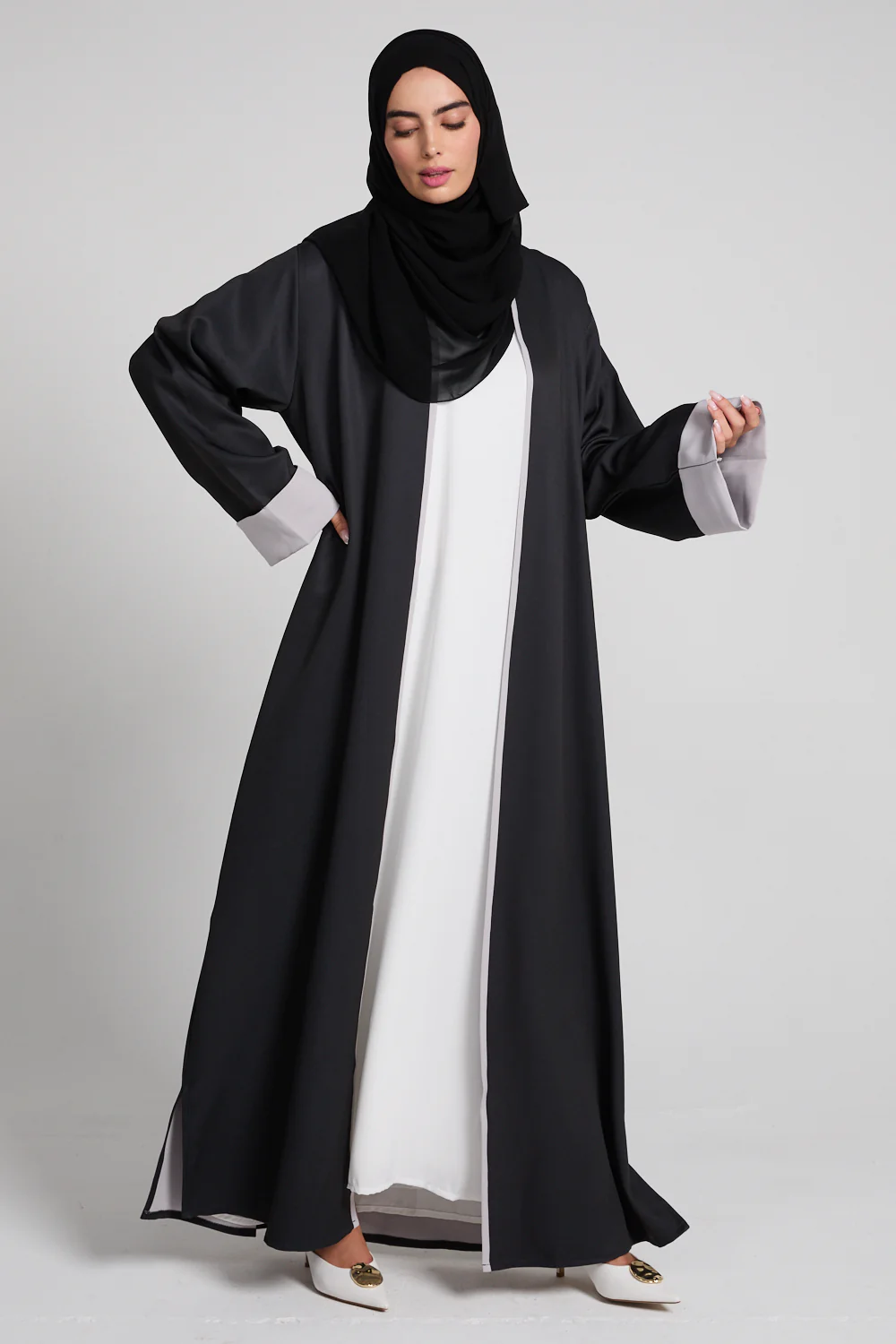 Premium Two Tone Open Abaya - Black and  Pebblestone - Image 2