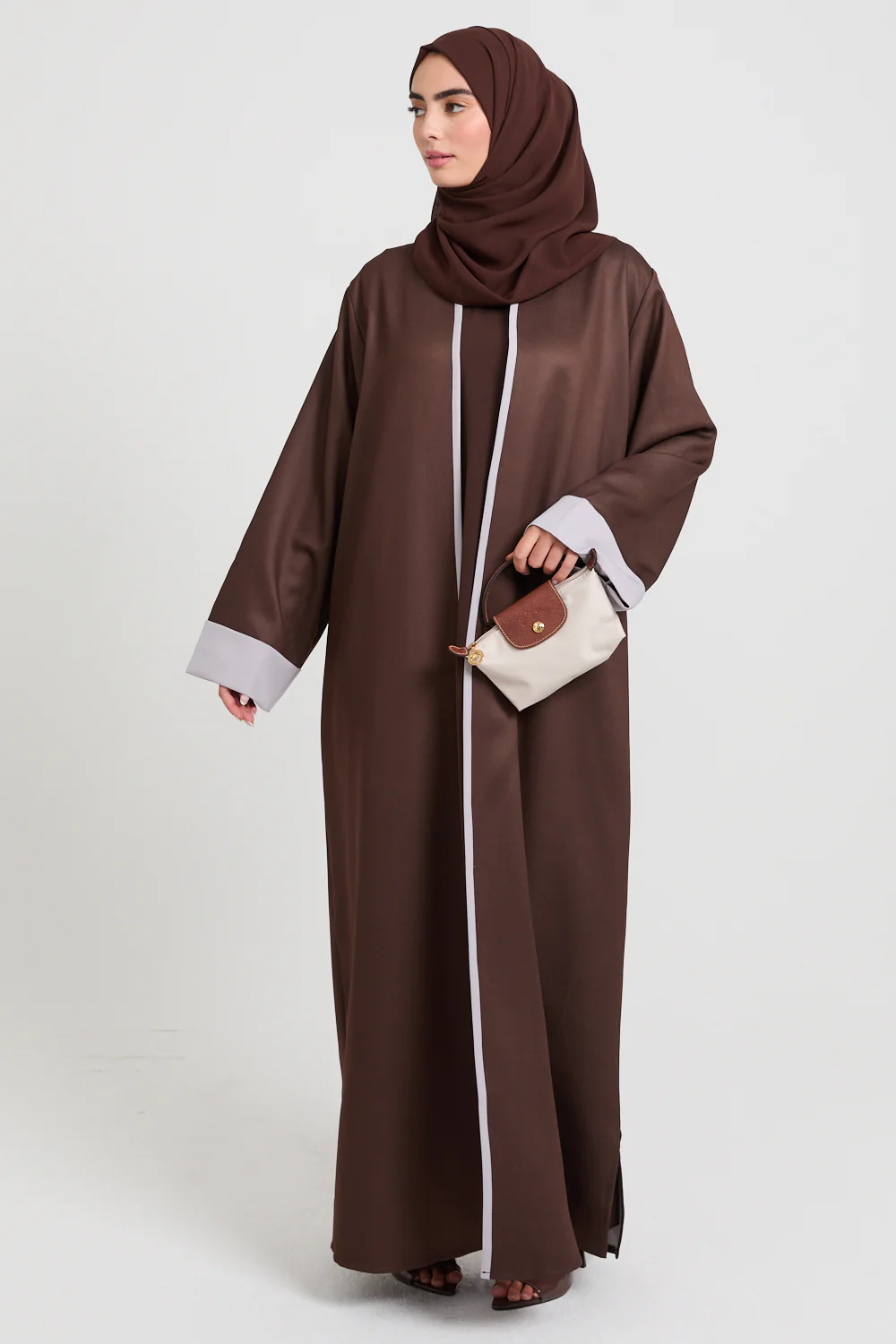 Premium Two Tone Open Abaya - Deep Mocha and Dove Grey