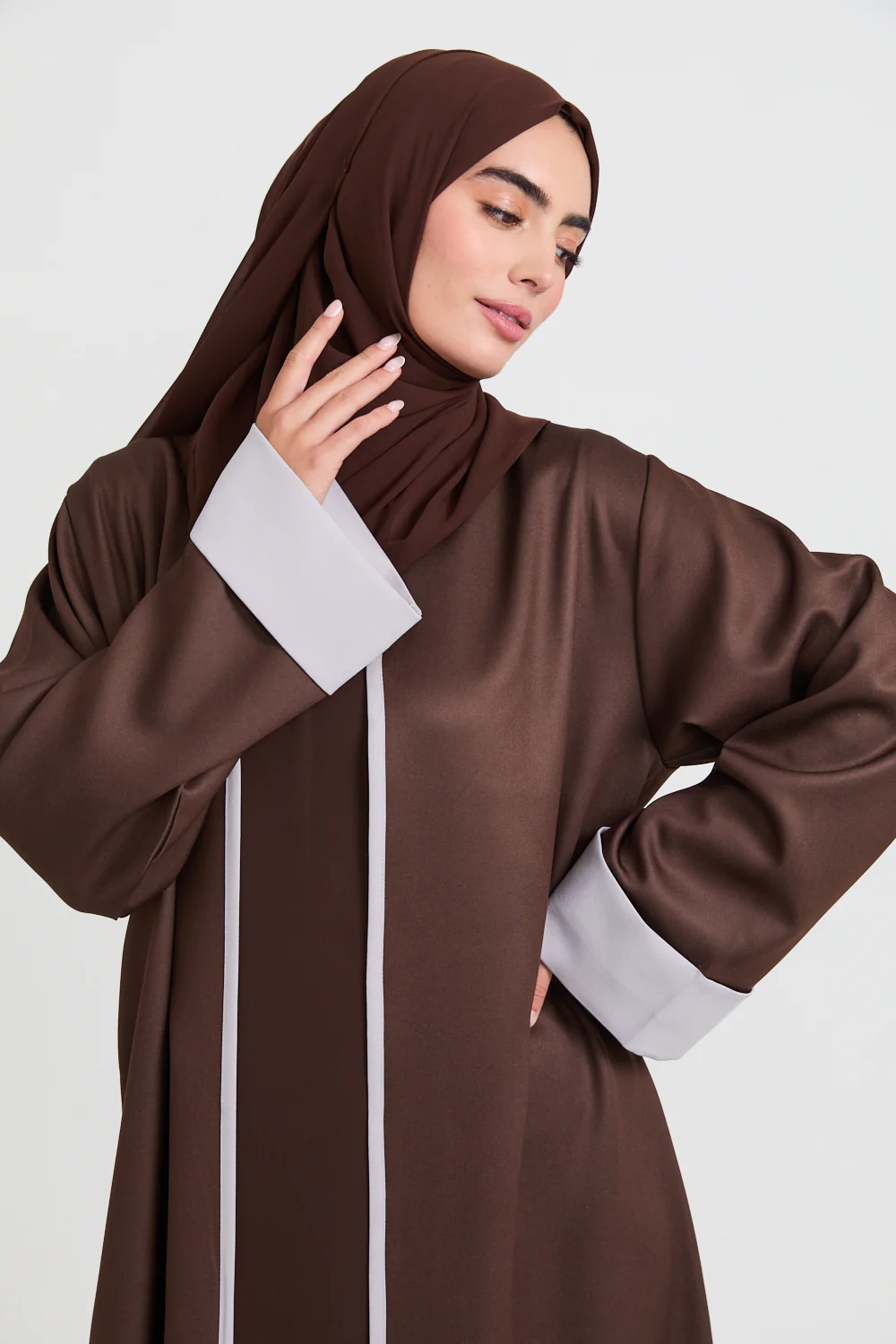 Premium Two Tone Open Abaya - Deep Mocha and Dove Grey - Image 2