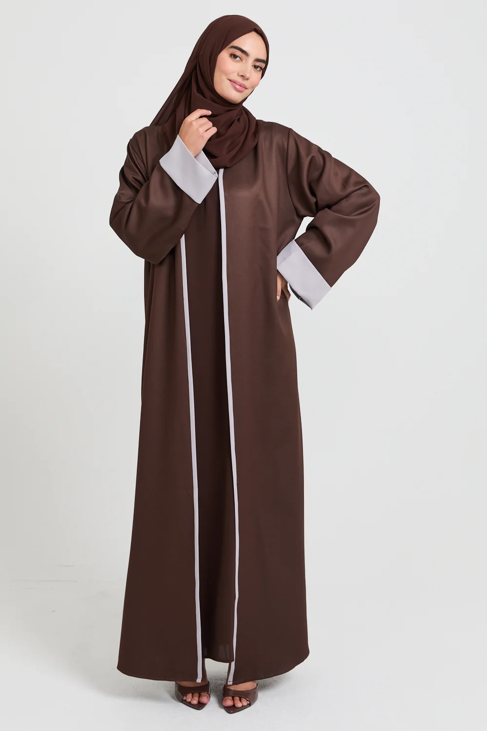 Premium Two Tone Open Abaya - Deep Mocha and Dove Grey - Image 4