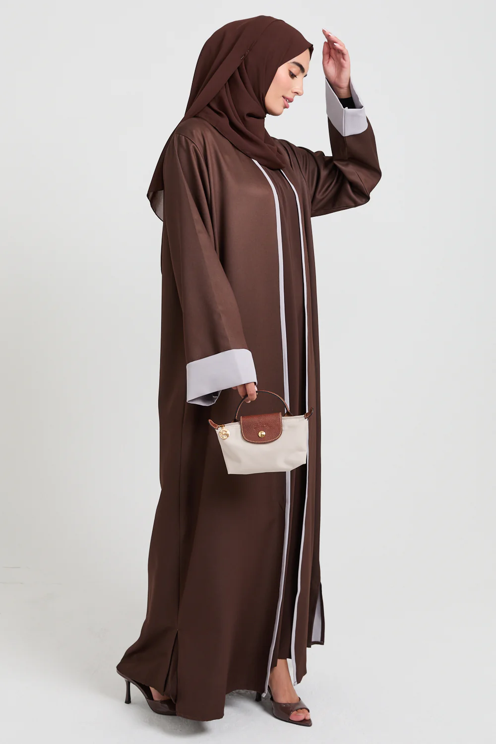Premium Two Tone Open Abaya - Deep Mocha and Dove Grey - Image 6