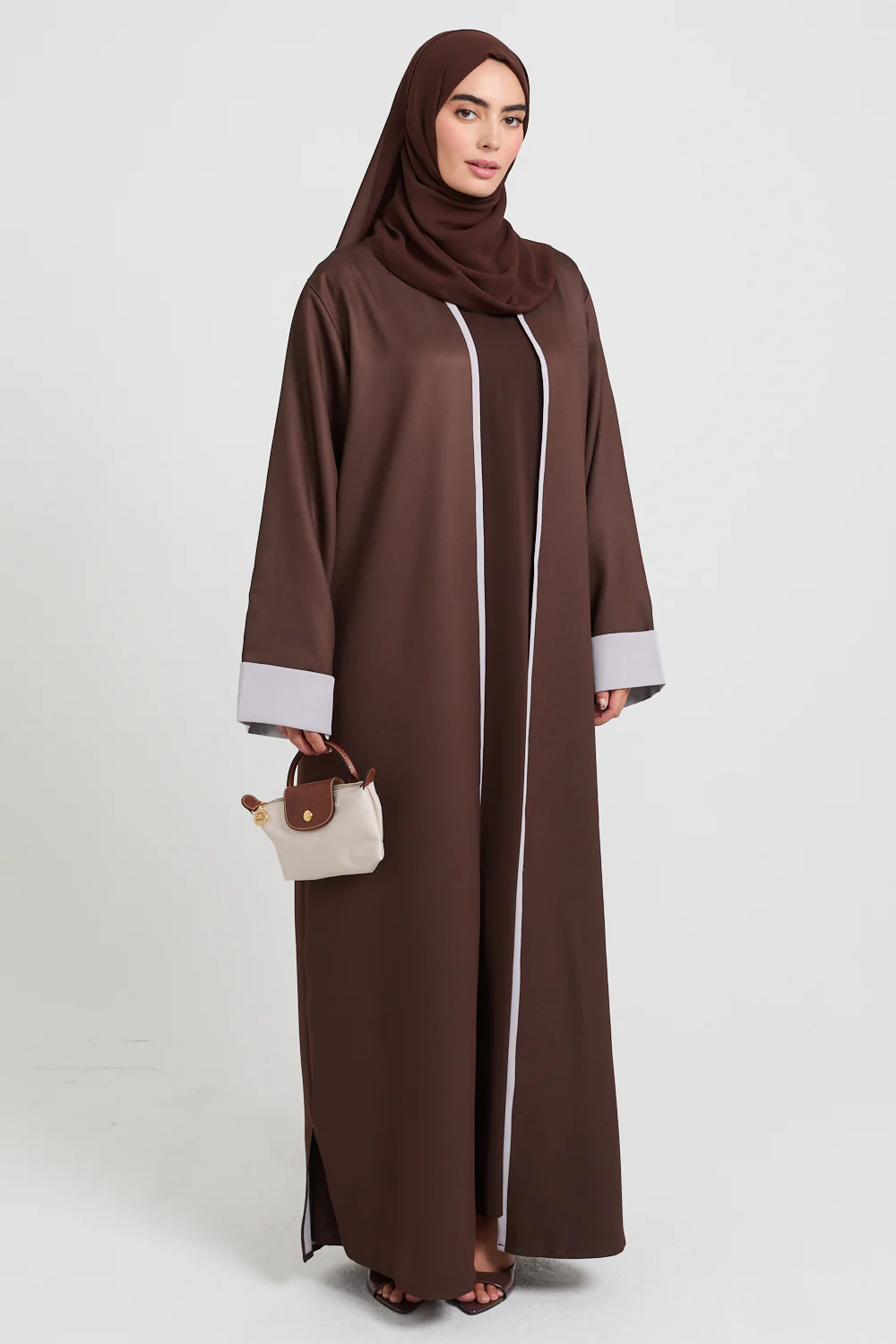 Premium Two Tone Open Abaya - Deep Mocha and Dove Grey - Image 7