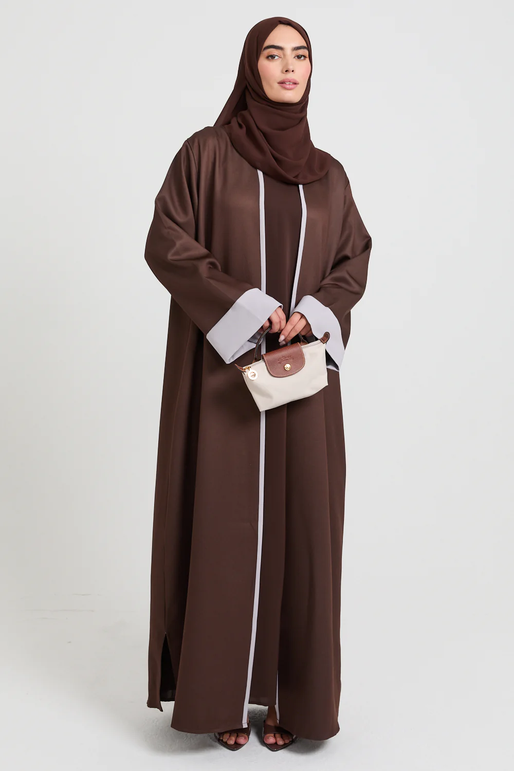 Premium Two Tone Open Abaya - Deep Mocha and Dove Grey - Image 8