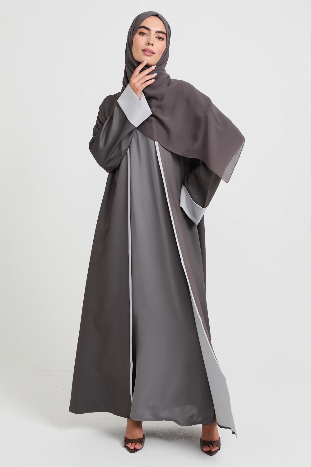 Premium Two Tone Open Abaya - Dusty Lavender Grey and Stone - Image 3