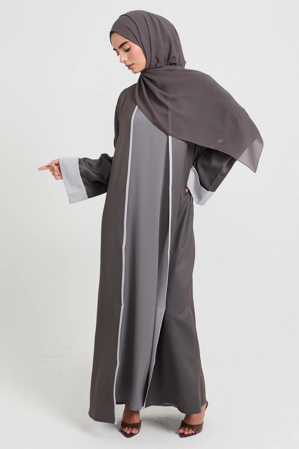 Premium Two Tone Open Abaya - Dusty Lavender Grey and Stone - Image 4