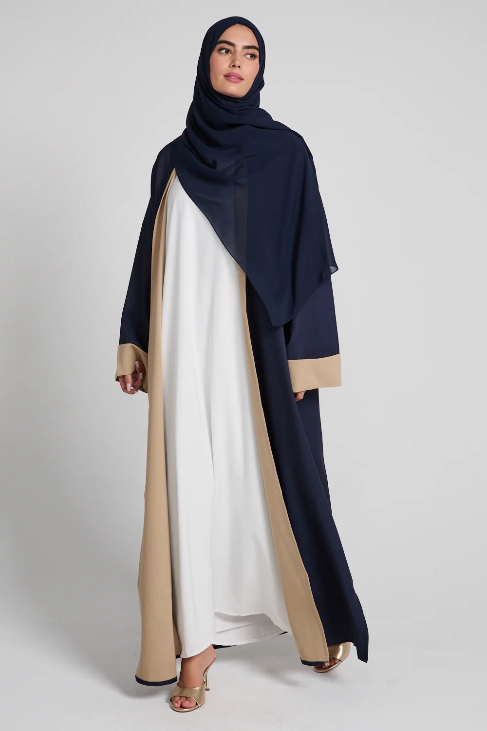 Premium Two Tone Open Abaya - Navy Dusk And Desert Beige