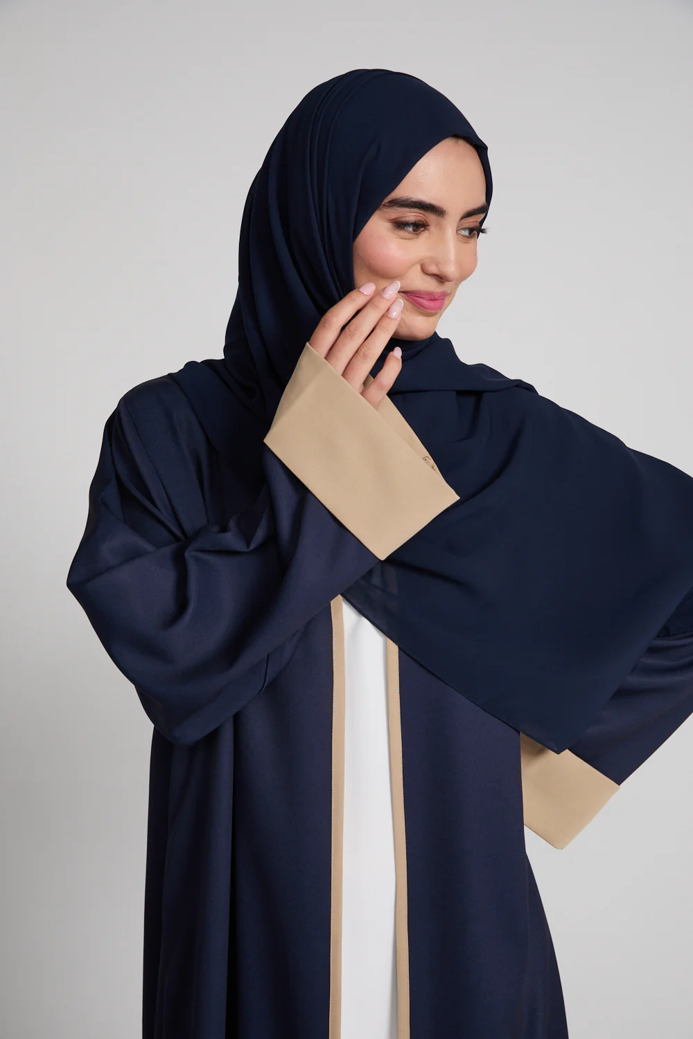 Premium Two Tone Open Abaya - Navy Dusk And Desert Beige - Image 2