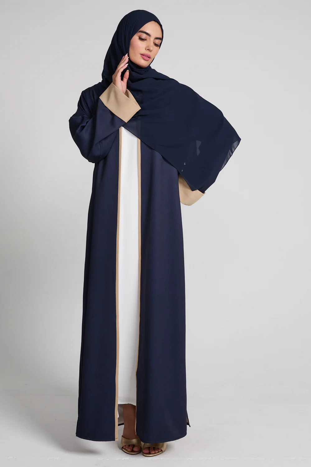 Premium Two Tone Open Abaya - Navy Dusk And Desert Beige - Image 5