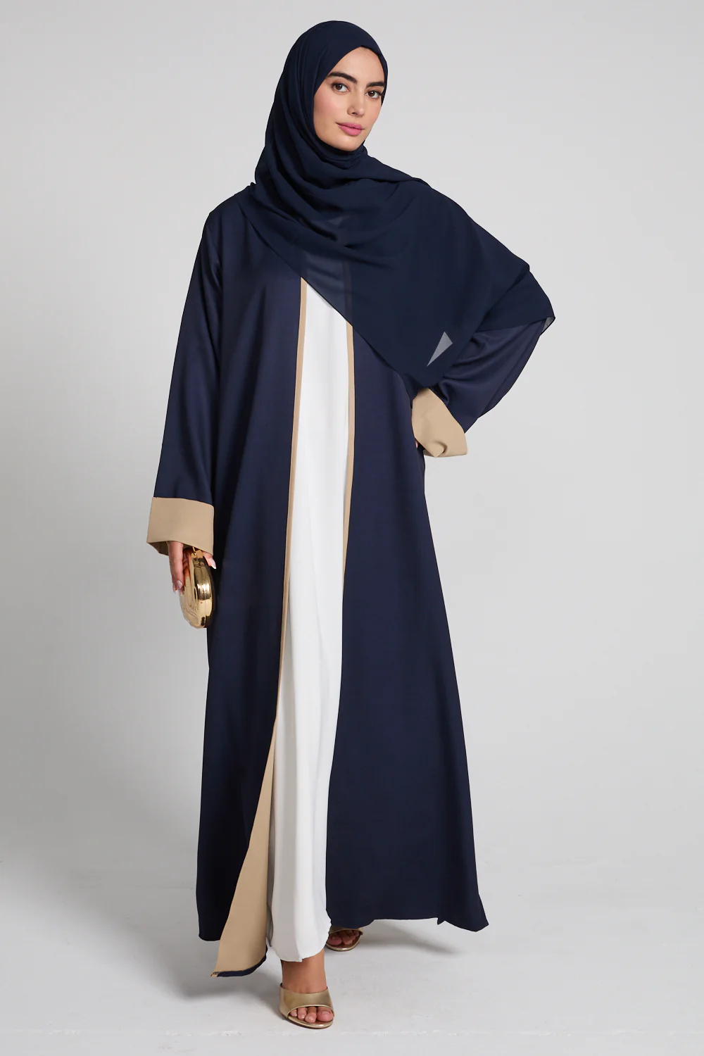 Premium Two Tone Open Abaya - Navy Dusk And Desert Beige - Image 6