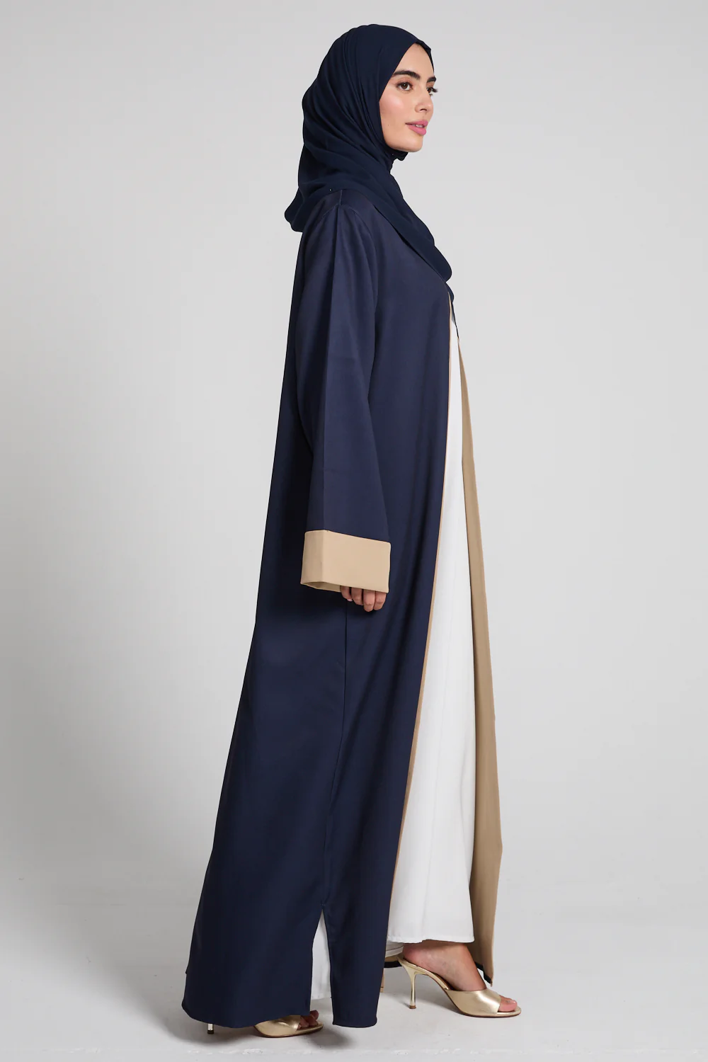 Premium Two Tone Open Abaya - Navy Dusk And Desert Beige - Image 8