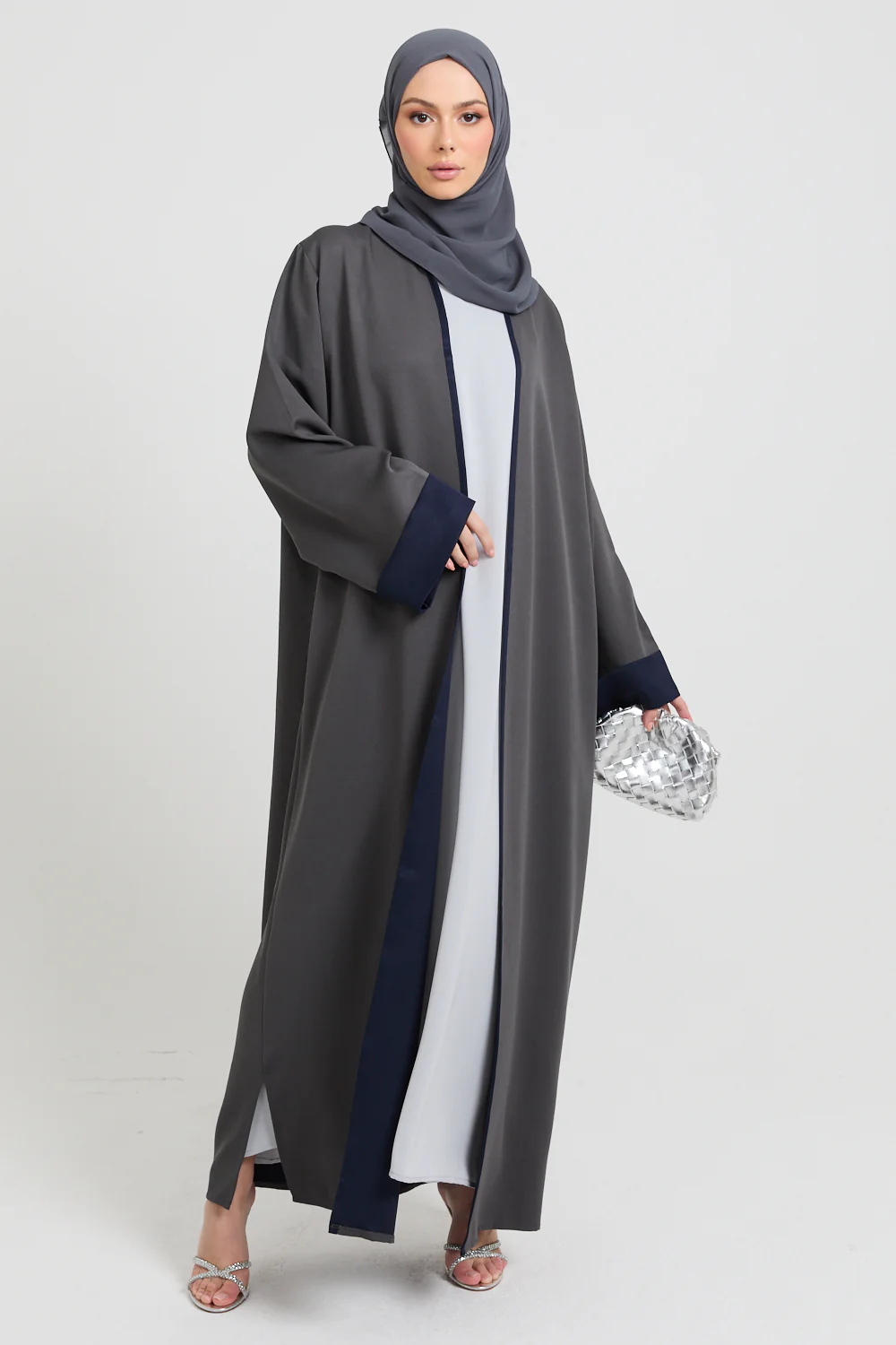 Premium Two Tone Open Abaya - Twilight Grey & Navy - Image 11