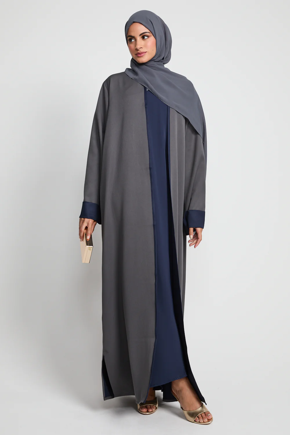 Premium Two Tone Open Abaya - Twilight Grey & Navy - Image 5